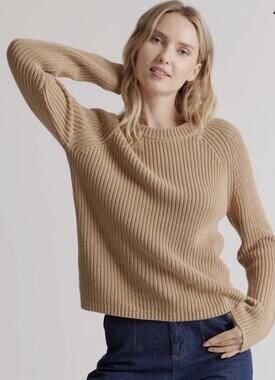 Quince NWT Organic Cotton Camel Tan Crew Neck Fisherman Chunky Knit Sweater Sz S